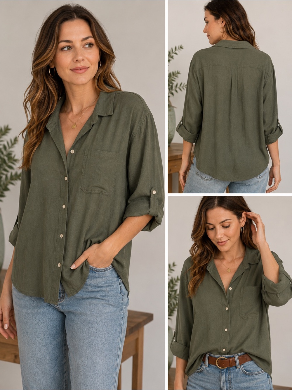 Cavalini Olive Green Button-Front Collared Linen Blend Shirt